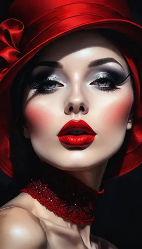 Close-up of a woman wearing a red hat, on a dark background, vector art, by Kuno Veeber, trending on cg society, digital art, lori earley, beautiful kiss, elegant oil painting, red fabric, blindfolded