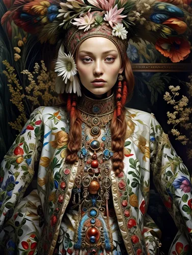 russian folk style,headdress,girl in a wreath,mystical portrait of a girl,girl in flowers,indian headdress,baroque angel,feather headdress,suit of the snow maiden,kokoshnik,folk costume,folk costumes,portrait of a girl,ukrainian,wreath of flowers,the carnival of venice,baroque,victorian lady,peacock,young woman