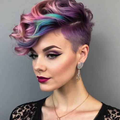 Describe a trendy haircut for a fashionable event.,pixie-bob,lilac breasted roller,rainbow waves,asymmetric cut,pixie cut,lilac-breasted roller,purple and pink,trend color,pink hair,pompadour,feathere