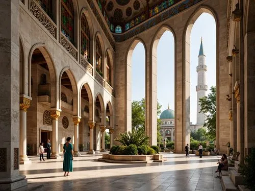 Minarets, grand domes, intricate arches, ornate columns, vibrant stained glass windows, Islamic geometric patterns, Arabic calligraphy, golden accents, marble floors, high ceilings, natural light pour