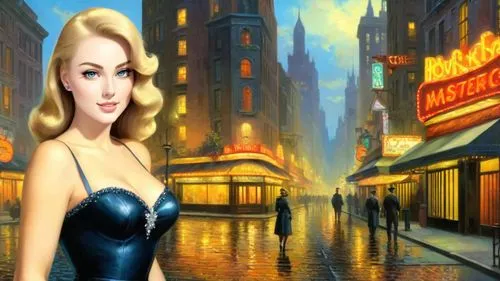 masterpiece oil painting, dark saturated colors, femme fatale dame, noir aesthetic, retro vintage style, 1950's style nostalgic kitsch scene, 1940's Chicago, gothic dark city, dramatic lighting, highl