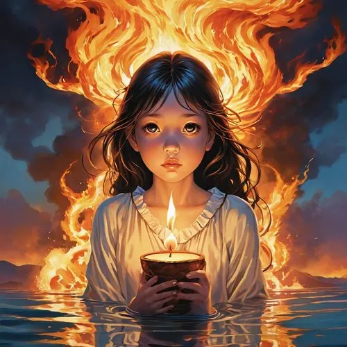 fire and water,burning candle,krathong,burning candles,fire artist,pyromaniac,flame spirit,pyrokinesis,burning torch,candle,pyromania,candle flame,lilin,flame of fire,the eternal flame,velas,afire,kupala,candle light,fire eater,Illustration,Abstract Fantasy,Abstract Fantasy 11