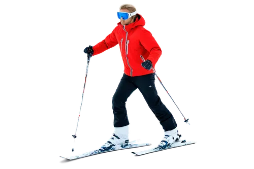 Ski resort, snowy mountain, winter scene, solo male skier, 30s, athletic build, fair skin, short blond hair, goggles, red ski jacket, black pants, boots, holding ski poles, dynamic pose, action shot, 