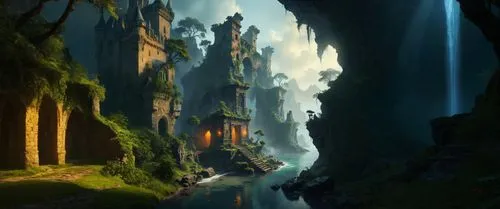 karst landscape,fantasy landscape,rivendell,cartoon video game background,world digital painting,fantasy picture