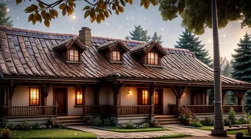 a country-style home with a rustic stone exterior sits on a lush green lawn. The roof is made of rich mahogany, and the roof is made of white tiles. The front door opened, revealing a large wooden ben