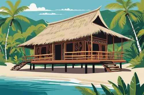 tropical house,beach hut,huts,background vector,tropical beach,outrigger,lagoons,teahouse,stilt house,cabana,bungalows,south pacific,coconut trees,beachfront,beach house,kanaloa,beach scenery,palapa,tahiti,beach restaurant,Illustration,Vector,Vector 01