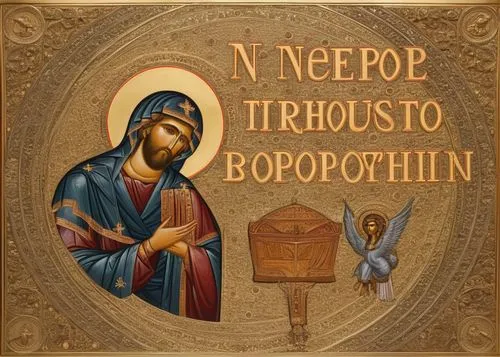 the icon on the wall with an eagle sitting next to it,triodion,theophilos,octoechos,nephopterix,epitaphios,theotokos,Illustration,Realistic Fantasy,Realistic Fantasy 43