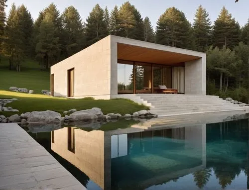 The exterior of an old cabin is sleek and modern, with minimalistic walls that boast the finest detail. The walls are crafted from deep glass that reflects the warmth of the sun. They stand in front o