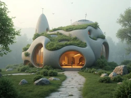 ecotopia,earthship,futuristic landscape,futuristic architecture,cubic house,mushroom landscape,ecovillages,house in the forest,electrohome,fantasy landscape,cube house,biospheres,forest house,treehouses,home landscape,tree house,dreamhouse,3d fantasy,biomes,sky space concept,Photography,General,Realistic