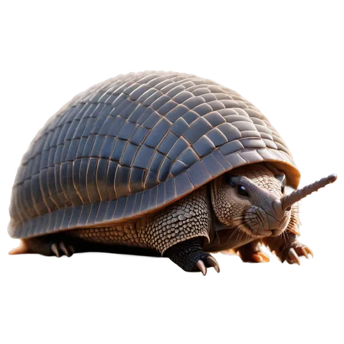 Armadillo, curled up, small eyes, long snout, armored shell, brown fur, claws, relaxed posture, solo, morning dew, soft sunlight, 3/4 composition, shallow depth of field, warm color tone, cinematic li