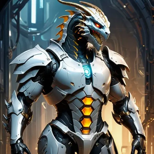 A futuristic bionic character resembling a humanoid dragon, standing on two feet. The character has a sleek, metallic body with dragon-like features, including scaled armor plating, claws, and a tail.