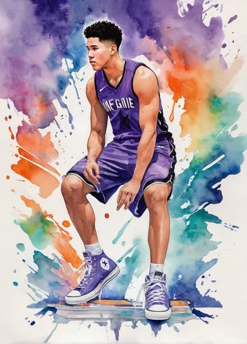 Imagine Devin Booker in a futuristic setting where everyone wears Converse shoes. Describe his experience.,vector graphic,basketball player,purple background,vector art,the purple-and-white,vector ill