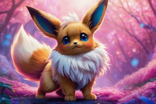 Eevee, Pokémon, official art, cute expression, blue eyes, fluffy fur, white chest, pink ears, bushy tail, standing pose, front view, vibrant colors, detailed texture, soft lighting, fantasy background