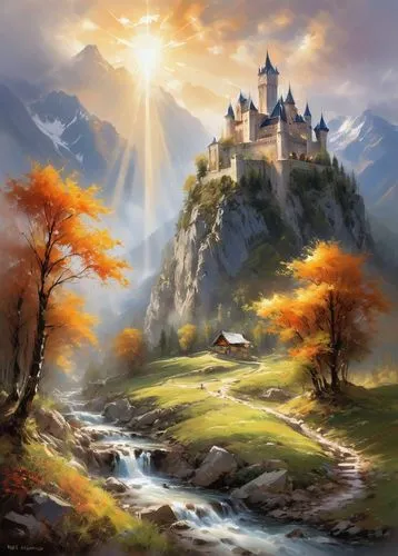 fantasy landscape,fantasy picture,fairytale castle,gondolin,fairy tale castle,autumn mountains,tirith,fantasy art,mountain settlement,landscape background,autumn landscape,world digital painting,summit castle,beleriand,knight's castle,sonnenburg,autumn background,dracula castle,mountain landscape,nargothrond,Conceptual Art,Oil color,Oil Color 03