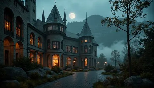 Mysterious medieval castle, rugged stone walls, towering spires, grand hallways, stained glass windows, ornate wood carvings, mystical foggy atmosphere, moonlit night, dramatic shadows, misty mountain