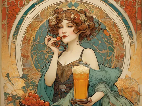 mucha,art nouveau,art nouveau design,alfons mucha,art nouveau frame,art deco woman,absinthe,art nouveau frames,woman eating apple,bellini,winemaker,orange blossom,vintage illustration,vintage art,mimosa,barmaid,miller,cigarette girl,woman drinking coffee,1905,Illustration,Retro,Retro 03