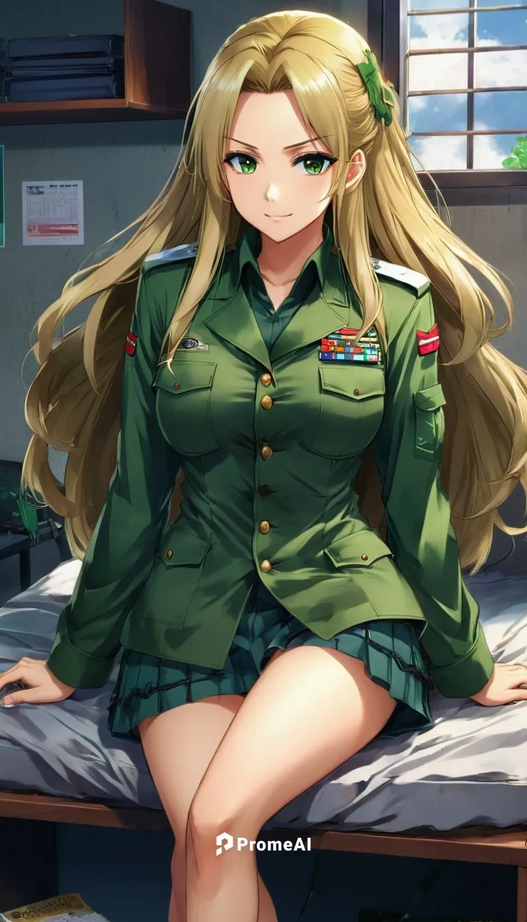 A beautiful female soldier with long messy blonde hair, in costume was relaxing in a dormitory. He wears a military uniform, consisting of a dark green skirt, green camouflage shirt and green camoufla