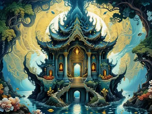 cartoon video game background,fairy village,fantasy art,background design,3d fantasy,fantasy picture,sanctum,fairy world,fairy tale castle,fractal environment,shambhala,fantasy landscape,fantasy world,labyrinthian,enchanted forest,fairy house,bird kingdom,rivendell,fairyland,thai temple,Illustration,Realistic Fantasy,Realistic Fantasy 25