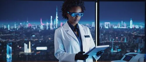 AI-generated image, futuristic laboratory, neon lights, sleek machines, holographic screens, robotic arms, scientist wearing white lab coat, goggles, messy hair, holding tablet, standing in front of m