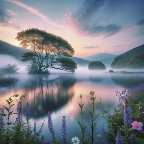 same reference image,the sunrise is reflecting off a body of water with flowers around,beautiful landscape,purple landscape,landscapes beautiful,nature wallpaper,beautiful lake,morning mist,Photograph