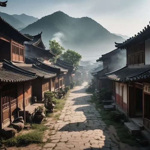 there is a small town with a lot of smoke coming out of it, dreamy chinese town, chinese village, alessio albi, by Zou Zhe, by Fei Danxu, by Zheng Xie, misty ghost town, by Xia Yong, by Ni Yuanlu, cin