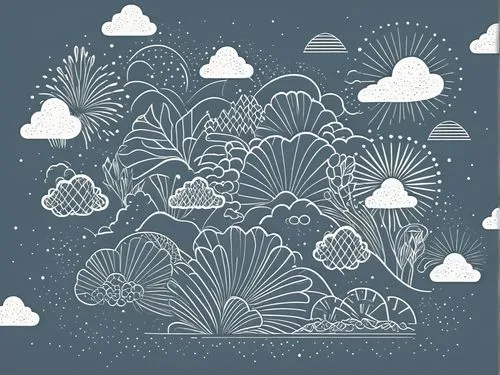 fireworks are shown over the water as they rise above the clouds,palm tree vector,paper clouds,jellyfish collage,cloud mountain,umbrella pattern,cloud mushroom,Illustration,Black and White,Black and W