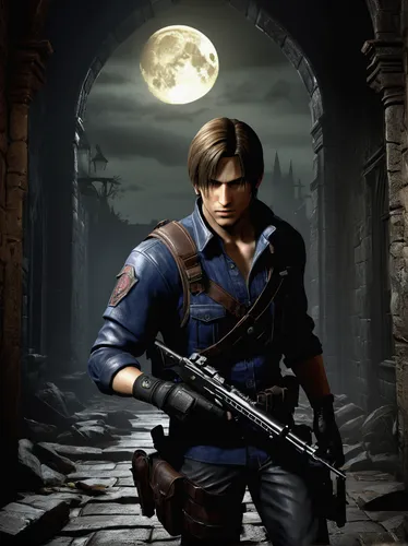 Leon Kennedy, male protagonist, Resident Evil 4, action pose, aiming gun, combat knife, brown hair, determined expression, RPD uniform, tactical gloves, leather holster, flashlight, dark eerie castle,