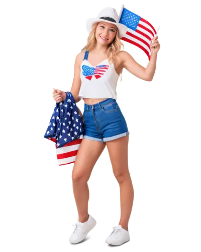 American girl, 4th of July party, festive outfit, red white blue colors, star-spangled top, high-waisted denim shorts, patriotic hat, blonde hair, bright smile, sparkling eyes, holding American flag, 