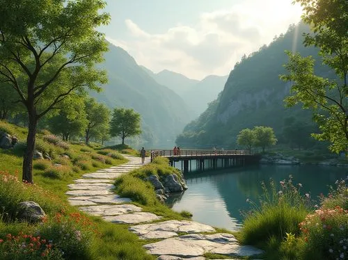 river landscape,beautiful landscape,landscape background,alpine landscape,nature landscape,wooden bridge,landscape nature,pathway,scenic bridge,hiking path,fantasy landscape,nature wallpaper,mountain landscape,natural scenery,landscapes beautiful,mountain spring,green landscape,walkway,mountainlake,beautiful lake,Photography,General,Realistic