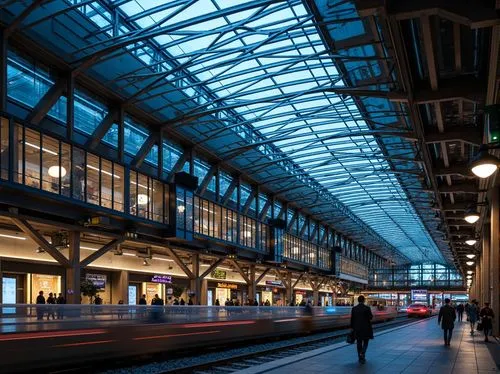 Futuristic train station, curved glass fa\u00e7ade, dynamic LED lighting, cantilevered roofs, spacious atriums, steel beams, industrial chic, urban modernity, busy metropolitan area, rush hour crowds,