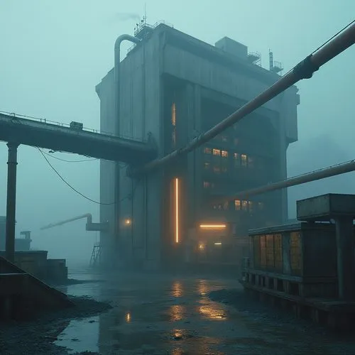 mining facility,precipitator,industrial landscape,industrial ruin,zollverein,heavy water factory,fabrik,chemical plant,industrial plant,industrial hall,industrial,dense fog,cryengine,misty,powerstation,dust plant,bladerunner,concrete plant,mist,power plant,Photography,General,Realistic