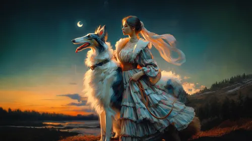 shamanic,shamanism,fantasy picture,borzoi,fantasy art,light bearer,priestess,fantasy portrait,a white horse,warrior woman,sorceress,white shepherd,unicorn art,shaman,howling wolf,folklore,flame spirit,torch-bearer,mystical portrait of a girl,white horse