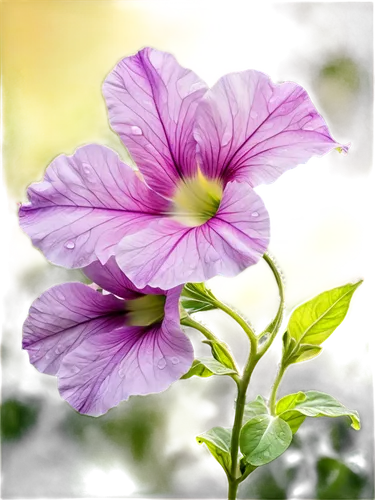 Delicate petunia flower, trumpet-shaped, pink-purple petals, yellow-green center, soft gentle curls, subtle gradient shading, morning dew droplets, delicate stem, leafy green background, 1/2 compositi