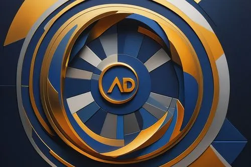 Modern, abstract, 3D architectural logo, golden ratio composition, bold font, uppercase "AD" letters, intersecting circular shapes, geometric patterns, metallic material, reflective surface, subtle gr