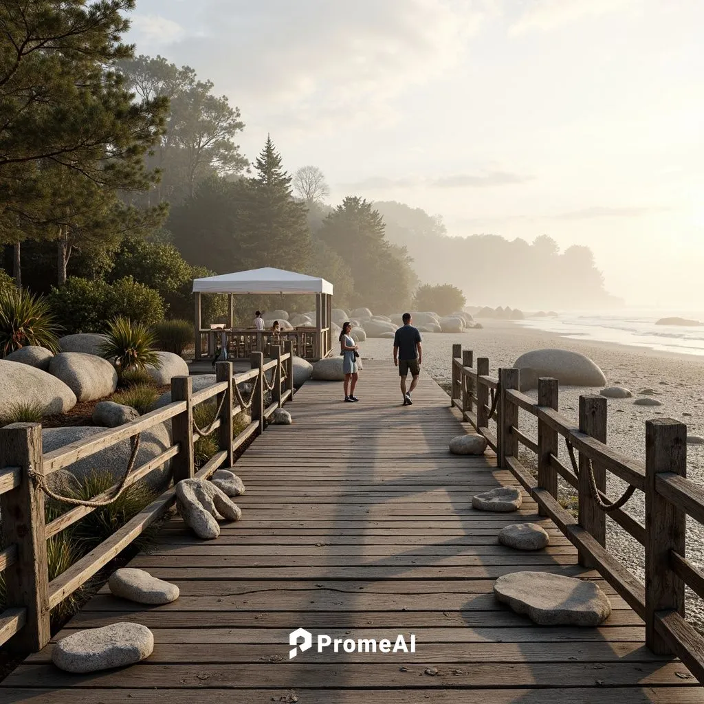 Weathered wooden docks, rustic rope railings, driftwood sculptures, sea-eroded stones, ocean-battered pebbles, sandy shores, tidal flats, misty mornings, soft warm lighting, shallow depth of field, 3/