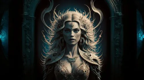 priestess,sorceress,dark elf,blue enchantress,elven,sepulchre,the enchantress,hall of the fallen,fantasy portrait,mirror of souls,medusa,ice queen,gothic portrait,wraith,siren,dark art,queen cage,fantasy art,rusalka,gorgon