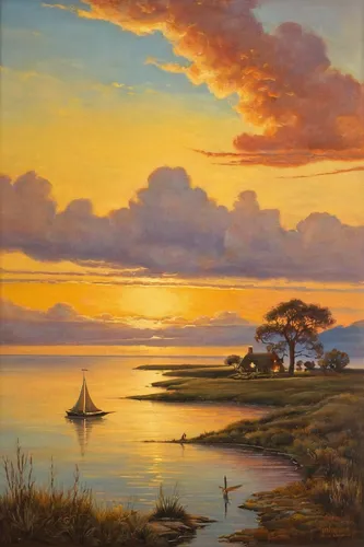 "WILLIAM HARNDEN, American (1920-1983), ""Coming Home at Sunset"", oil on board, signed lower right ""Harnden"", 18 x 24 inches",coastal landscape,landscape with sea,boat landscape,sea landscape,beach