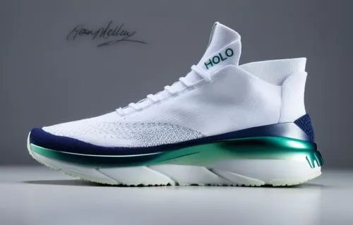 Battle knit upper, sock collar, "HOLO" on tongue, "HOLO" on back of sole, all white with deep green and navy color scheme ,HOLO basketball green/navy,flints,leprechaun shoes,concord,aquas,melos,jays,P