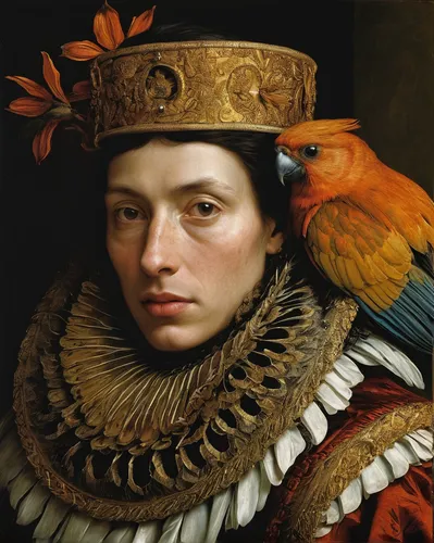 portrait of a hen,holbein,rosella,feather headdress,portrait of a woman,prince of wales feathers,headdress,cockerel,parrot,cardinal,the hat of the woman,female portrait,viceroy (butterfly),portrait of a girl,grosbeak,head ornament,pheasant's-eye,flemish,parrot couple,groenendael,Art,Classical Oil Painting,Classical Oil Painting 37