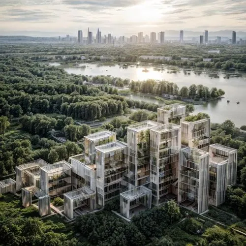 an aerial view of a city with tall buildings and large green trees,petrzalka,zhangzhou,europan,punggol,hangzhou,duesseldorf,Architecture,General,Futurism,Futuristic 14