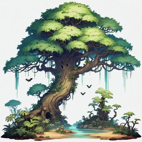 cartoon video game background,baobabs,baobab,oak tree,celtic tree,tropical tree,Illustration,Abstract Fantasy,Abstract Fantasy 11