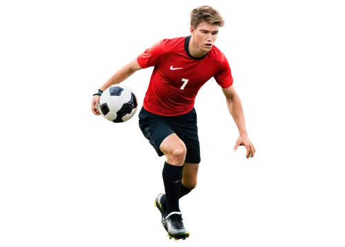 Male, muscular athlete, football player, sporty, dynamic pose, sweaty skin, messy short hair, intense gaze, athletic wear, Nike shoes, shin guards, soccer ball at feet, kicking motion, stadium backgro