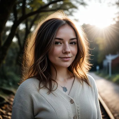 a woman posing for the camera near railroad tracks,nabiullina,portrait background,hamulack,sonnleitner,teodorescu,lera