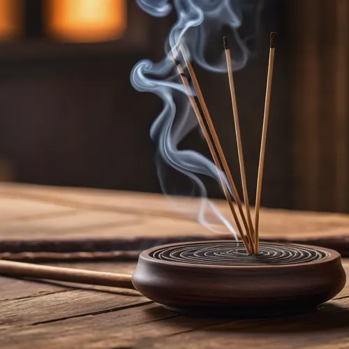 stick incense leaning on an incense burner, on a wooden table with perspective,burning incense,incense with stand,incense stick,incense burner,joss stick,incense,incense sticks,tea ceremony,traditiona