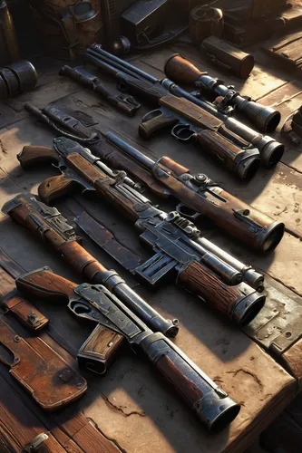 revolvers,submachine gun,gunsmith,weapons,pistols,firearms,metal rust,deadwood,wild west,warsaw uprising,carbine,fallout4,collected game assets,kalashnikov,bullets,flintlock pistol,rusted,guns,shooting gallery,salvage yard,Illustration,Realistic Fantasy,Realistic Fantasy 03