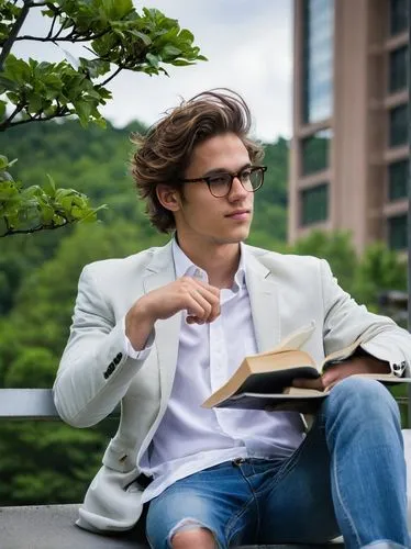 Cornell University, architecture masters student, male, 25yo, casual wear, jeans, white shirt, blazer, glasses, messy brown hair, sitting, studying, laptop, books, pencils, Ithaca campus, modern build