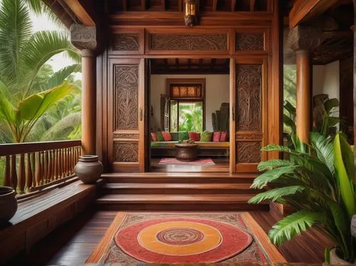 Vibrant colorful wooden villa, tropical island, lush green palm trees, exotic flowers, winding stone path, wooden deck with intricate carvings, ornate doors, large windows, natural light pouring in, w