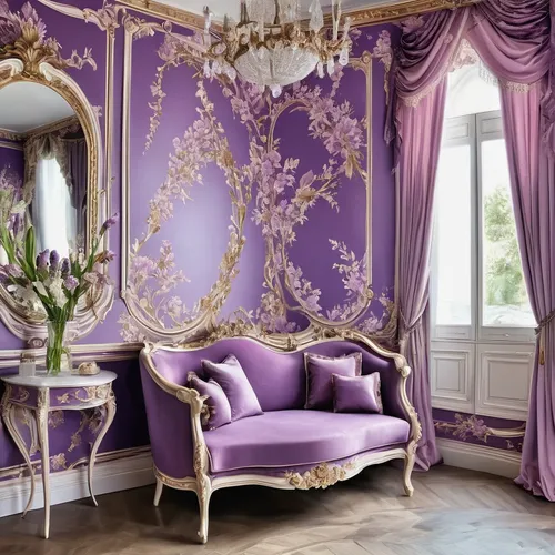 ornate room,rococo,damask,purple,rich purple,the purple-and-white,violet colour,lilac,interior decoration,purple lilac,great room,white with purple,purple wallpaper,baroque,beauty room,pale purple,damask background,soprano lilac spoon,napoleon iii style,lilac arbor,Conceptual Art,Fantasy,Fantasy 24