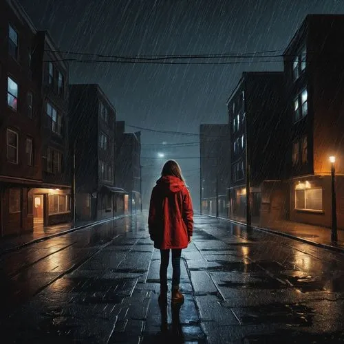 crewdson,red coat,walking in the rain,girl walking away,photomanipulation,photoshop manipulation,in the rain,hossein,photo manipulation,redcoat,hosseinian,pedestrian,heavy rain,night scene,temporal,red cape,compositing,azzarello,night image,rainfall,Illustration,Paper based,Paper Based 01