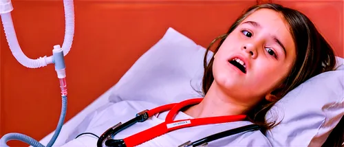 Throat infection, girl, 10yo, lying down, white hospital gown, IV tube, oxygen mask, messy brown hair, worried expression, red inflamed throat, white tongue, uvula hanging low, tonsils visible, soft f